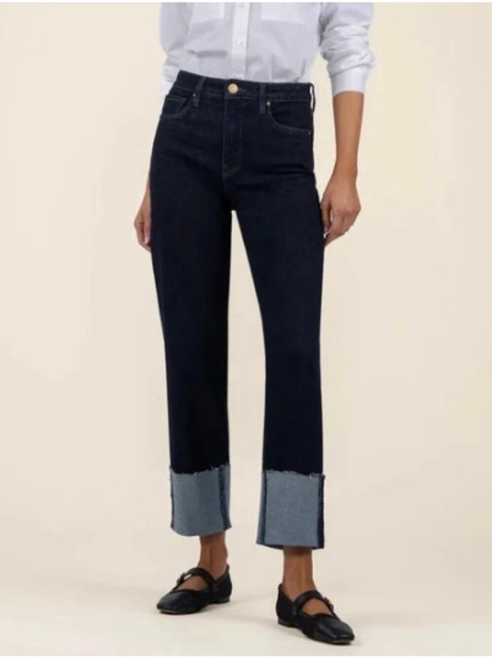 Kut from the Kloth Dark Indigo Straight Leg Jeans with Cuffed Contrast Hem